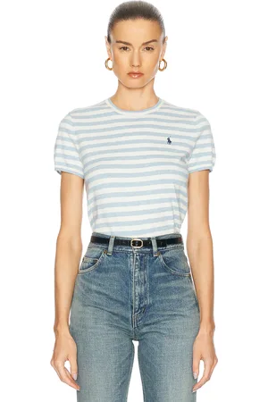 Ralph Lauren Short Sleeve Crew Neck Sweater in Pond Blue Heather & Deckwash White - Baby Blue. Size L (also in S, XL, XS).