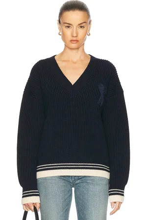 Ami Ribbed V Neck Sweater in Navy Blue - Navy. Size L (also in M, S).