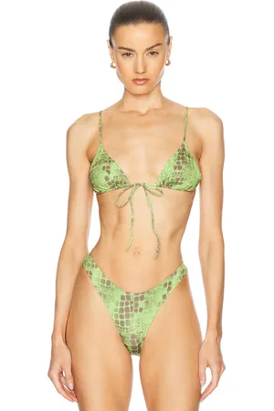 Heavy Manners Triangle Front Tie Bikini Top in Lizard With A Ladder - Sage. Size L (also in M, S, XL, XS).
