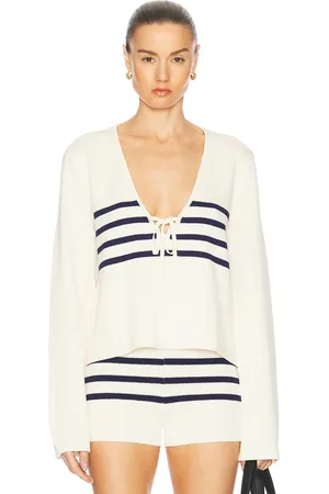 SER.O.YA Chrys Sweater in Eggshell & Navy - Cream. Size L (also in M, S, XL, XS).