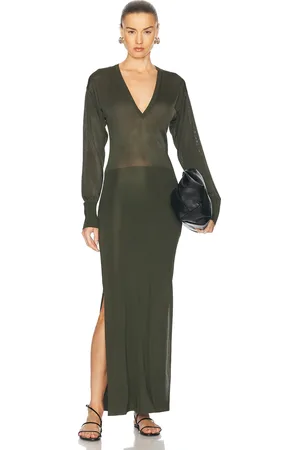 Ami V Neck Midi Dress in Loden - Olive. Size L (also in M, S).
