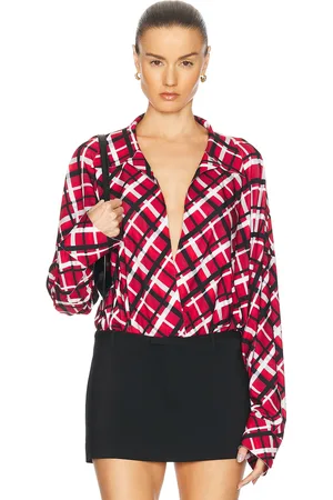 Norma Kamali Super Oversized Boyfriend Shirt Bodysuit in Red Bias Plaid - Red. Size L (also in M, S, XS).