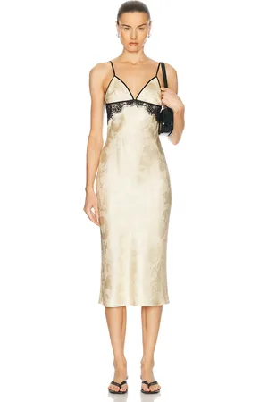 FLEUR DU MAL Paisley Jacquard And Lace Triangle Slip Dress in Buttercup Paisley Jacquard - Lemon. Size L (also in M, S, XS).
