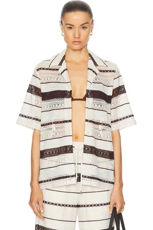 WAO Crochet Stripe Camp Shirt in Natural & Brown - Brown. Size S (also in ).