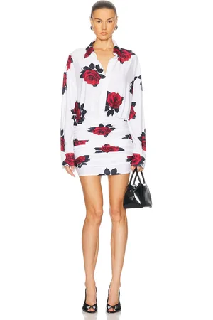 Norma Kamali Oversized Boyfriend Shirt Shirred Bottom Mini Dress in Red Rose - White,Red. Size L (also in M, S, XL, XS).
