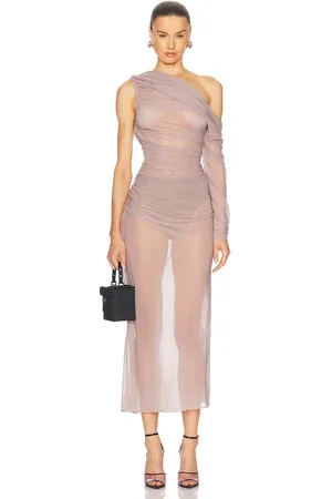 Atlein One Sleeve Draped Long Dress in Aube - Grey. Size 36 (also in 38, 40).