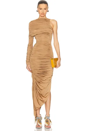 MUGLER One Shoulder Mesh Dress in Bronze - Tan. Size 34 (also in 36, 40, 42).
