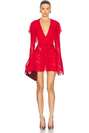 Norma Kamali Long Sleeve Deep V Ruffle Mini Dress in Tiger Red - Red. Size L (also in S, XS).