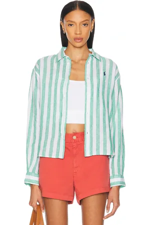 Ralph Lauren Linen Crop Long Sleeve Shirt in Green & White - Green. Size L (also in M, S, XL, XS).