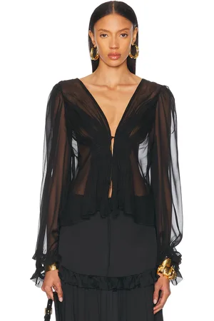 Saint Laurent Sheer Tie Front Blouse in Noir - Black. Size 34 (also in 40).