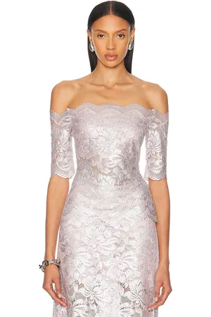 Paco rabanne Off Shoulder Lace Top in Powder Pink & Silver - Blush. Size 34 (also in 36, 38, 40).