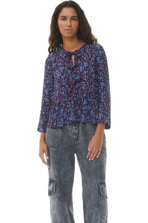 Ganni Long Sleeve Printed Crepe Peplum Blouse in Port Royale Size 8 Women