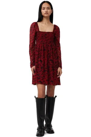 Ganni Red Printed Georgette Mini Dress Size 6 Viscose Women
