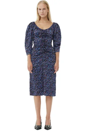 Ganni Floral Crinkled Satin U-neck Midi Dress in Size 6 Women