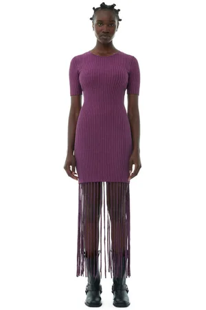 Ganni Purple Melange Knit Fringe Short Sleeve Mini Dress in Size Small Women