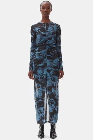 Ganni Blue Printed Mesh O-neck Ruched Long Dress Size 6 Women