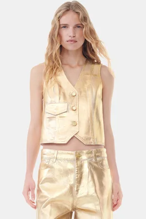 Ganni Gold Foil Denim Vest in Egret Size 10 Organic Cotton Women