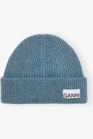 Ganni Blue Fitted Rib Knit Wool Beanie in Women