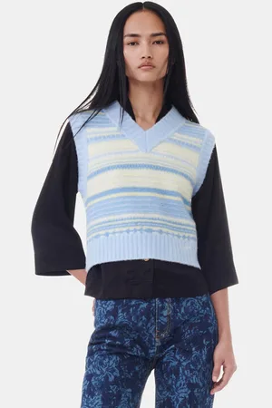 Ganni Blue Stripe Vest in Size Medium Alpaca/Elastane/Merino Wool Women
