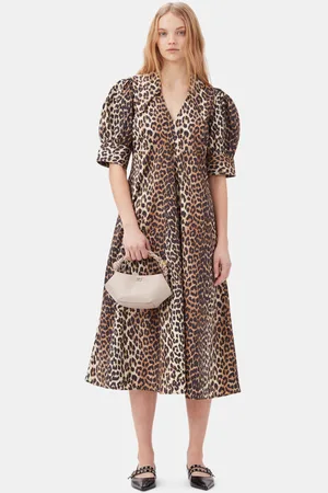 Ganni Leopard Cotton Poplin V-neck Maxi Dress Size 4 Women