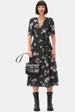 Ganni Black Floral Crepe Wrap Midi Dress Size 8 Viscose Women