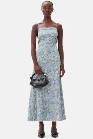 Ganni Blue Floral Crinkled Satin Long Dress in Size 16 Women