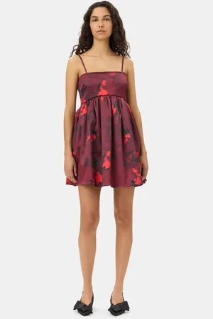 Ganni Red Floral Print Satin Strap Mini Dress Size 12 Women