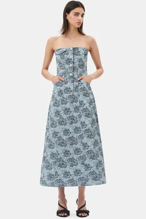 Ganni Blue Floral Jacquard Long Corsage Dress in Size 14 Women