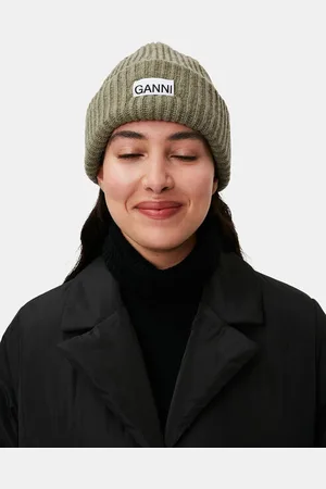 Ganni Oversized Wool Rib Knit Beanie in Women