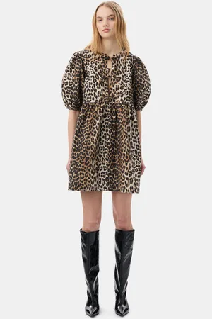 Ganni Leopard Printed Cotton Tie String Mini Dress Size 10 Women