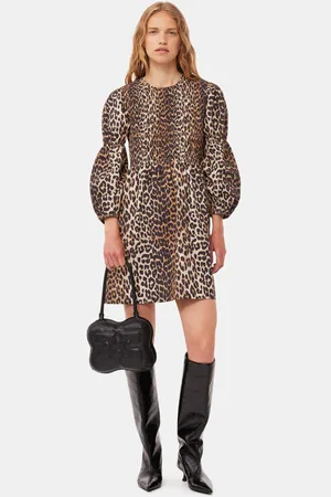 Ganni Long Sleeve Leopard Cotton Poplin Smock Mini Dress Size 6 Women
