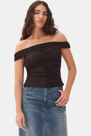 Ganni Printed Mesh Off-shoulder Ruched Top in Bitter Chocolate Size 8 Women