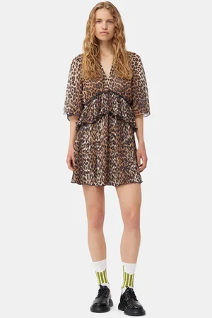 Ganni Leopard Pleated Georgette V-neck Flounce Mini Dress Size 6 Polyester Women
