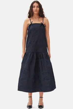Ganni Navy Blue Botanical Jacquard Strap Midi Dress in Size 8 Women