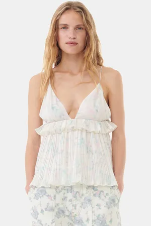 Ganni Floral Printed Pleated Georgette Strap Top in Size 16 Polyester Women