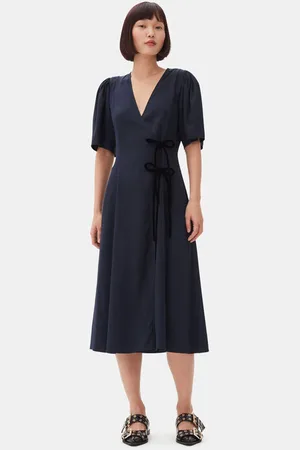Ganni Blue Viscose Twill Wrap Midi Dress in Sky Captain Size 4 Women