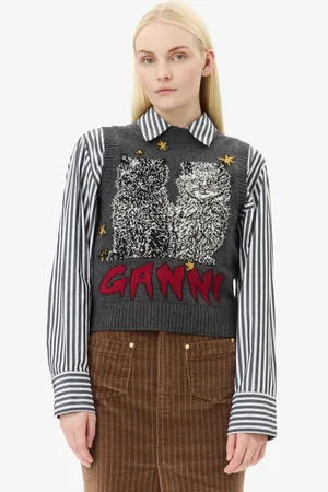 Ganni Grey Graphic Cats Vest in Gray Quill Size 3XL Polyamide/Polyamide/Wool Women