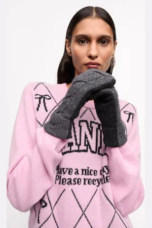 Ganni Grey and Cashmere Mix Mittens Women