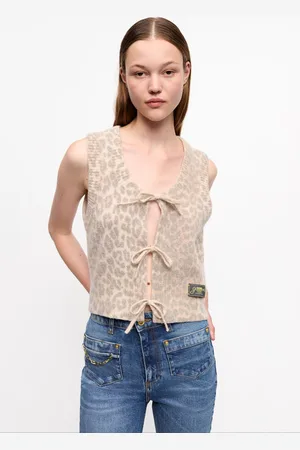 Ganni Leopard Tie String Vest Size Large Alpaca/Polyamide/Wool Women