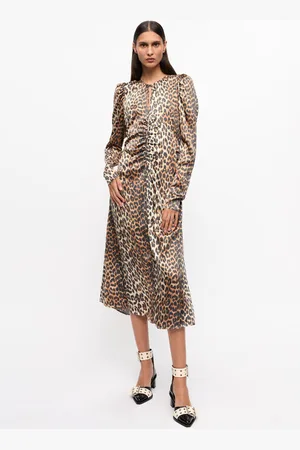 Ganni Leopard Print Satin Ruched Midi Dress Size 6 Spandex/Viscose Women