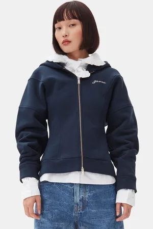 Ganni Blue Fleece Zip Hoodie Jacket in Sky Captain Size 2XS Organic Cotton Women