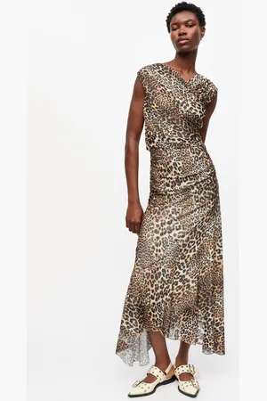 Ganni Leopard Marl Mesh Long Ruched Crossover Dress Size 14 Polyester Women
