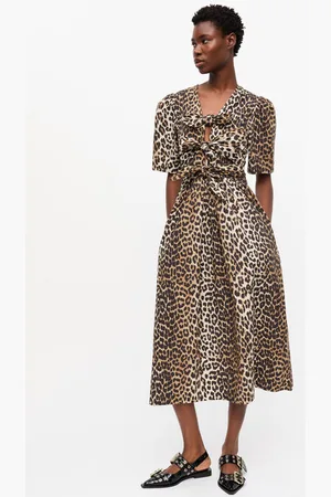 Ganni Leopard Printed Cotton Tie Strap Midi Dress Size 6 Women