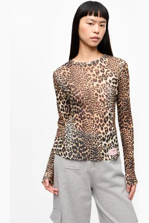 Ganni Leopard Printed Mesh Long Sleeve Blouse Size 4 Polyester Women