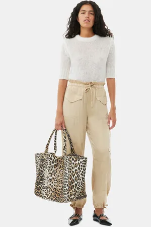 Ganni XXL Leopard Print Canvas Tote Bag Cotton Women