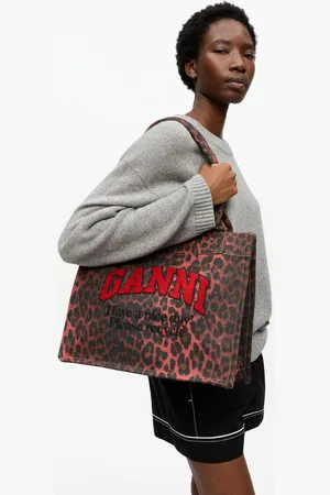 Ganni Red Leopard Large Canvas Tote Bag in Cotton Women