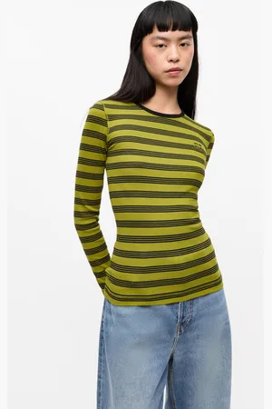 Ganni Striped Soft Cotton Rib Long Sleeve T-Shirt in Size Large Women