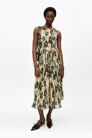 Ganni Printed Pleats Smock Midi Straps Dress in Afterglow Size 14 Polyester Women