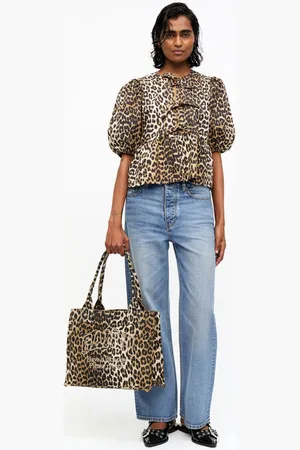 Ganni Large Leopard Print Canvas Tote Bag Cotton Women