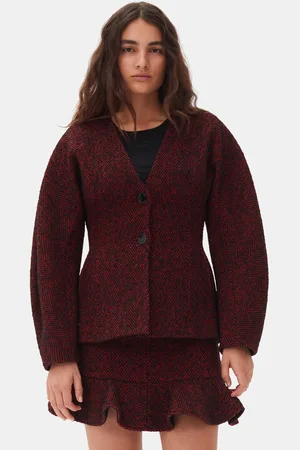 Ganni Red Herringbone Wool Curve Sleeve Blazer Jacket in Size 4 Women